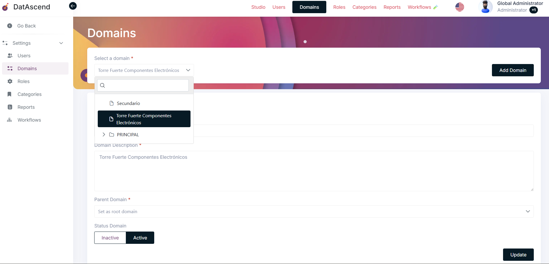 Search for Domain in dropdown