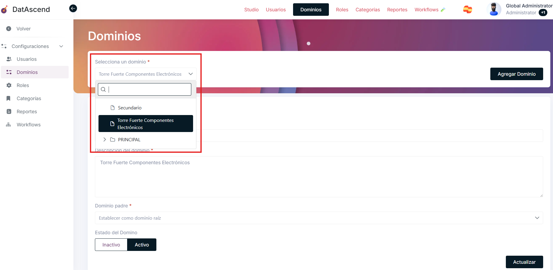 Buscar dominio en desplegable