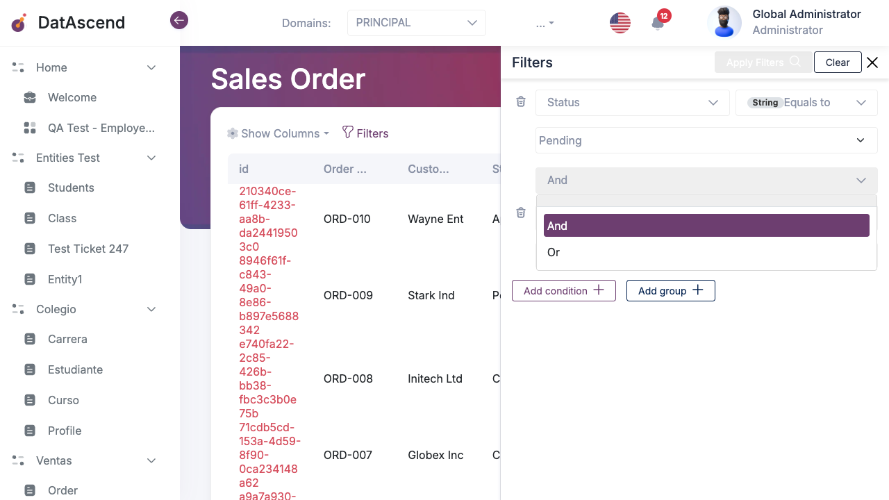 AND/OR connector dropdown between two filter conditions