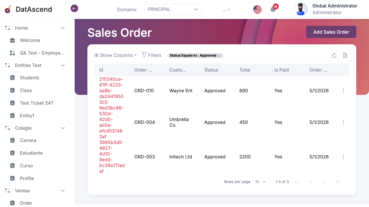 Entity table showing filtered results after applying the filter