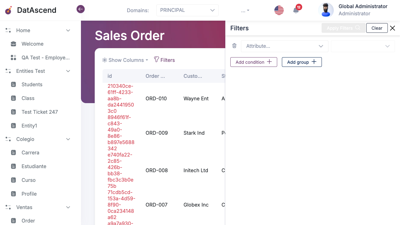 Empty filter drawer with a single empty condition row