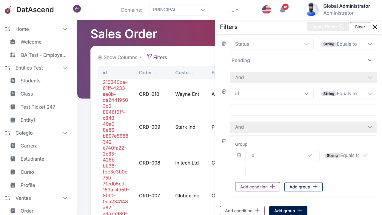 Filter drawer showing multiple conditions and a nested condition group