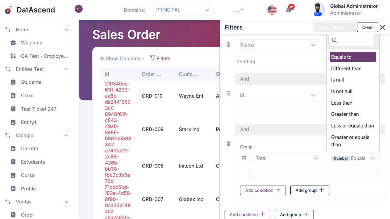 Operator dropdown for Number/Date fields showing additional comparison operators