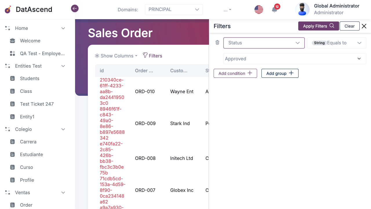 Filter drawer with a configured condition and the Apply Filters button enabled