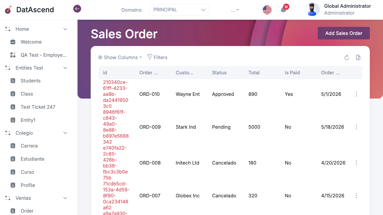 Entity table toolbar showing the Filters button