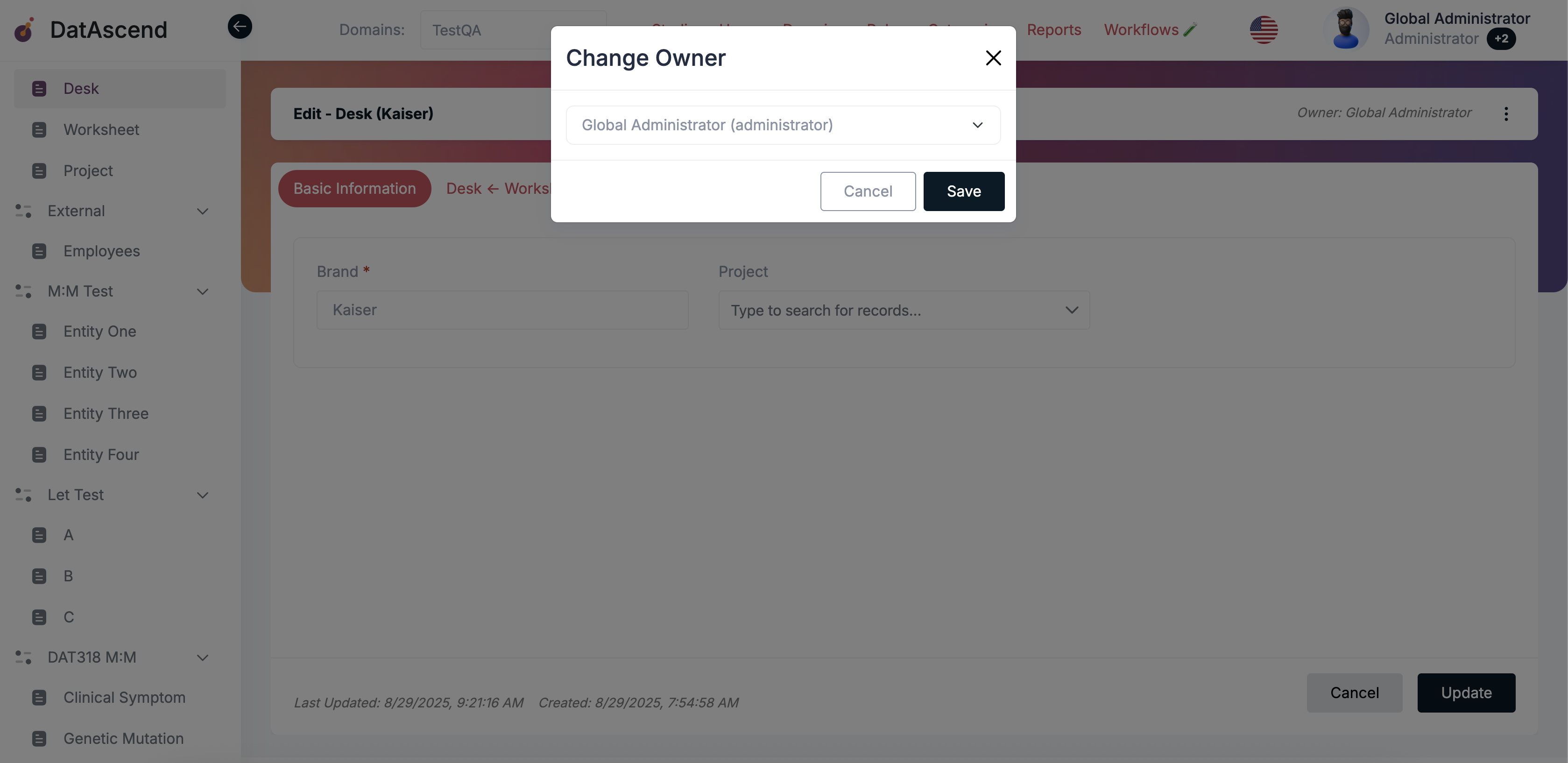Change owner modal with user selection dropdown