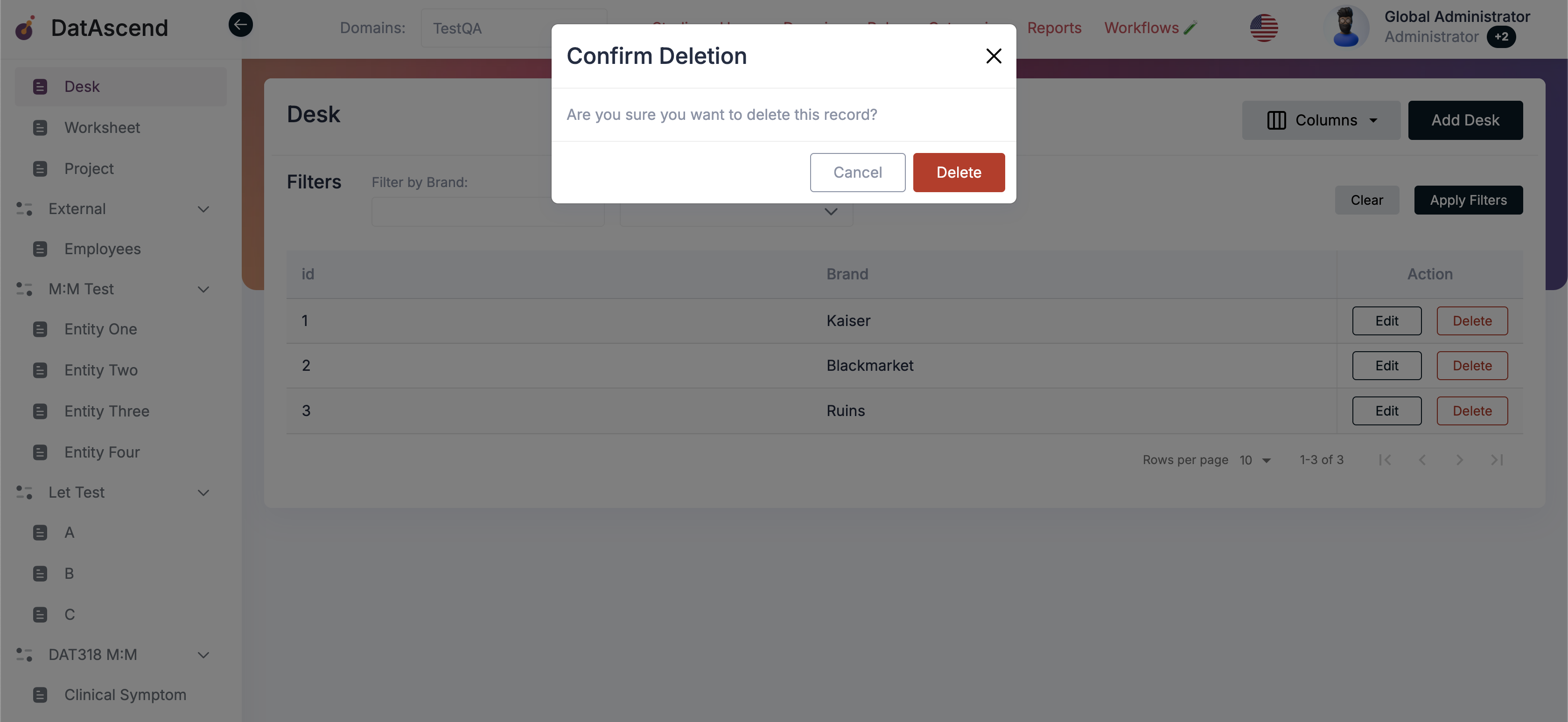 Deletion confirmation modal for an entity record