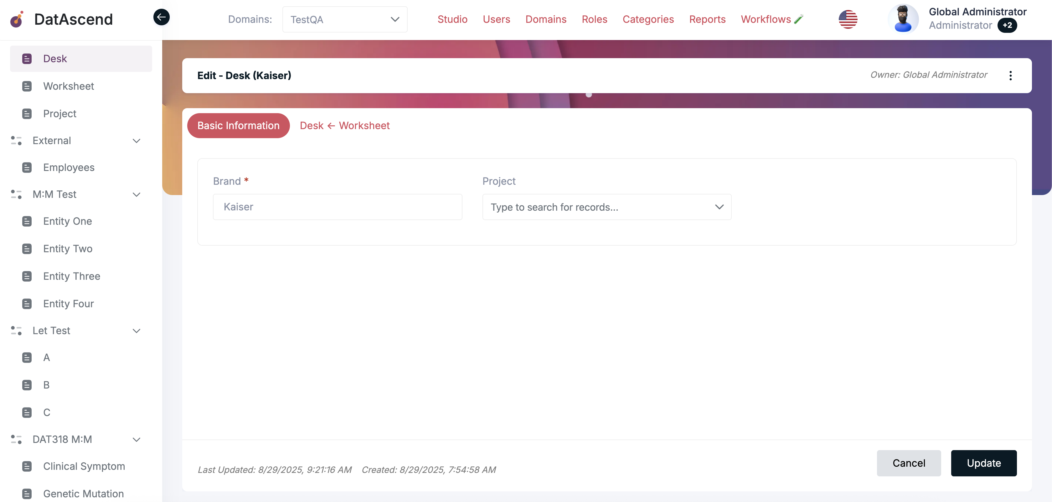 Editing a record in the entity editor