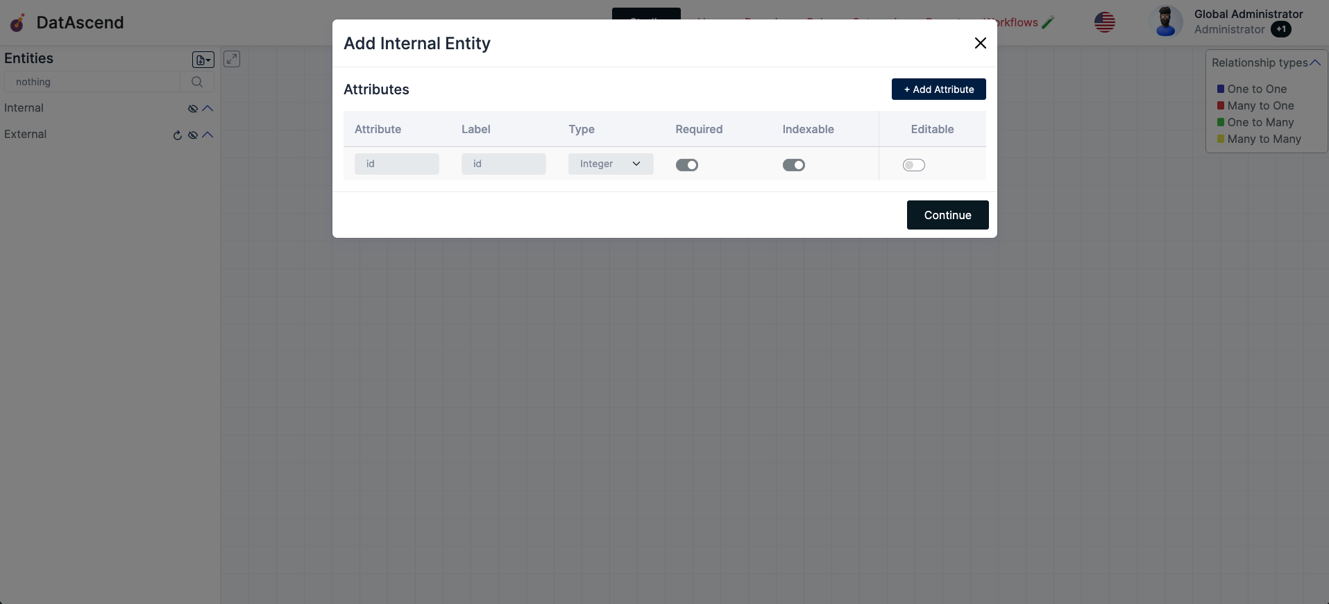 Studio image with the create new entity modal visible showing the attributes table, with the columns: attribute, label, type, required, indexable, editable