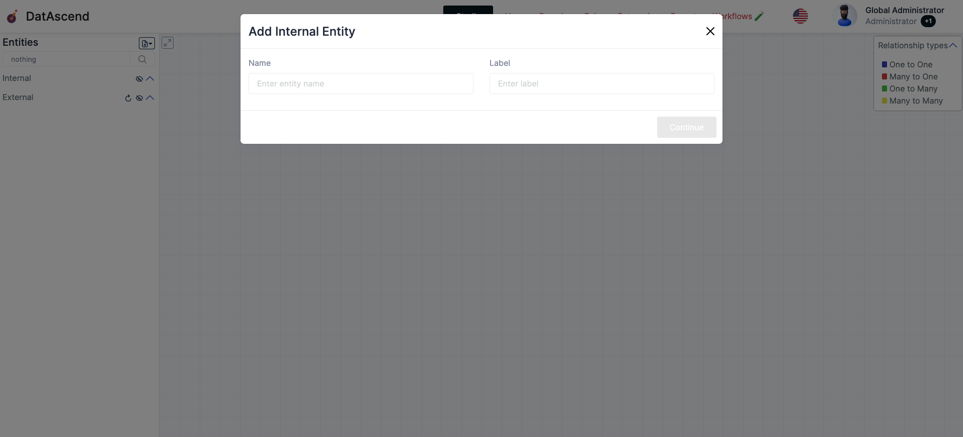Studio image with the create new entity modal visible showing name and label fields