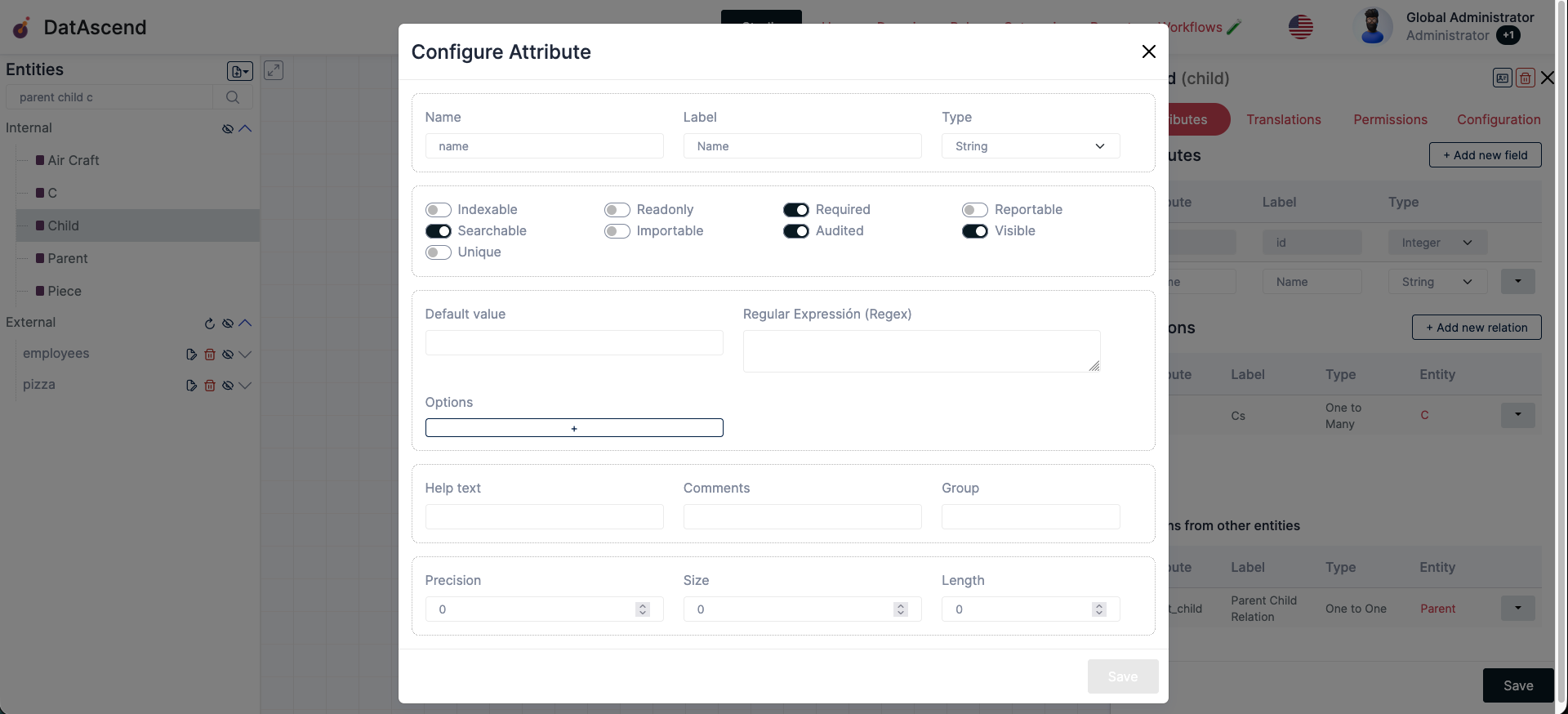 Studio image with the configure attribute modal open, showing all of the available options