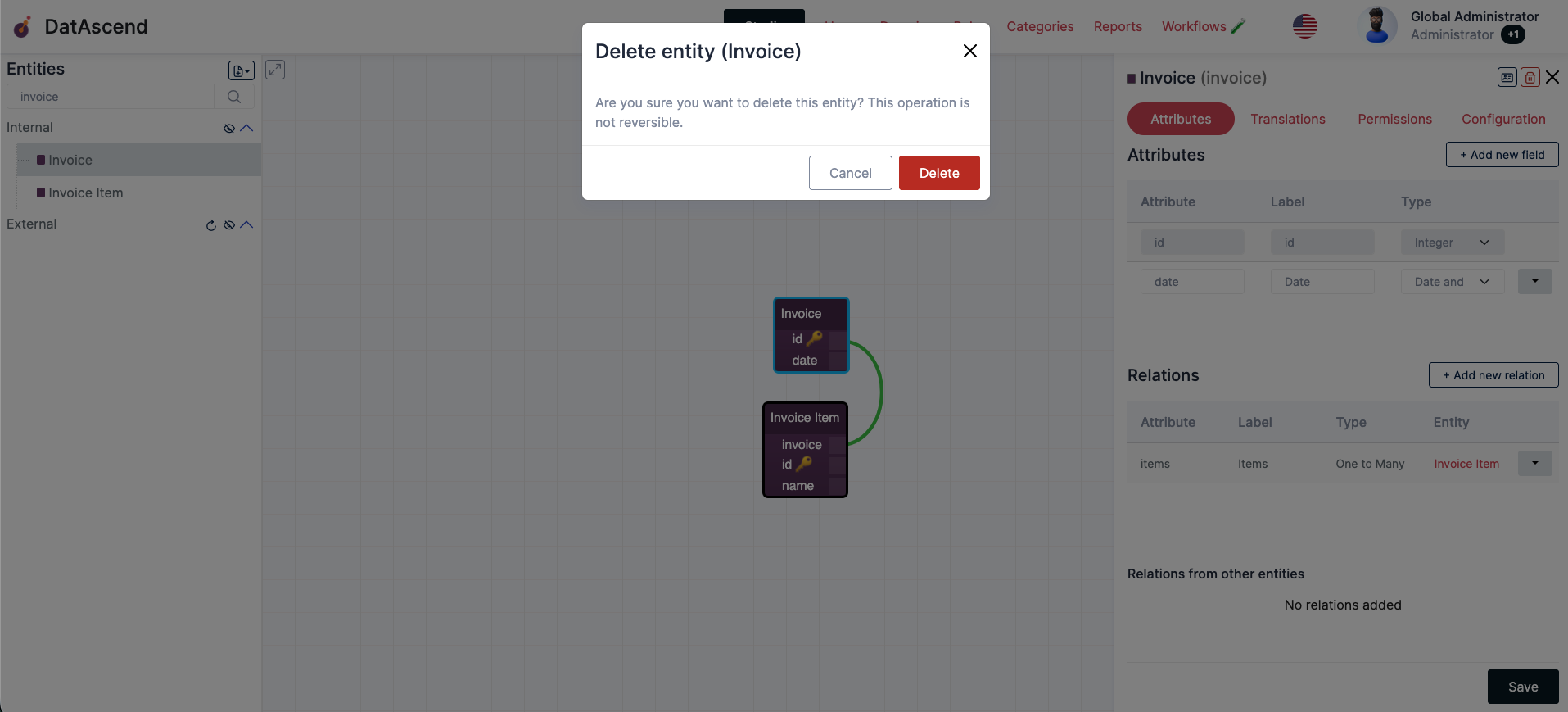 Delete entity confirmation modal
