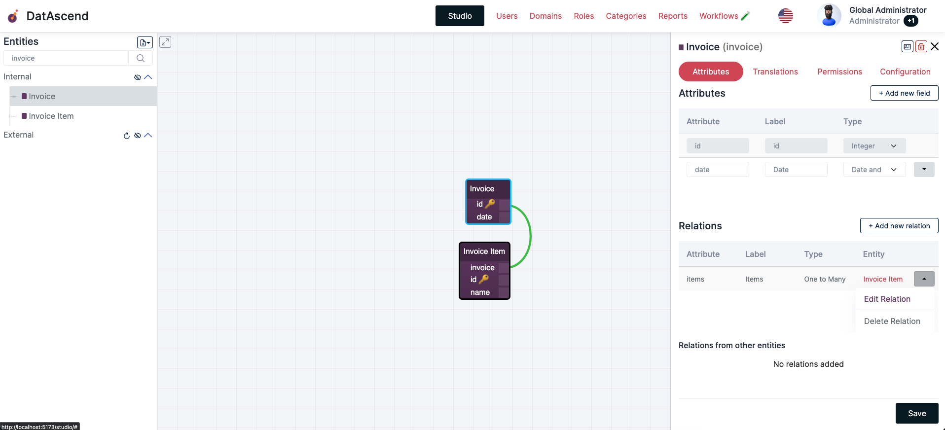 Studio image with the details drawer hovering the Edit Relation action