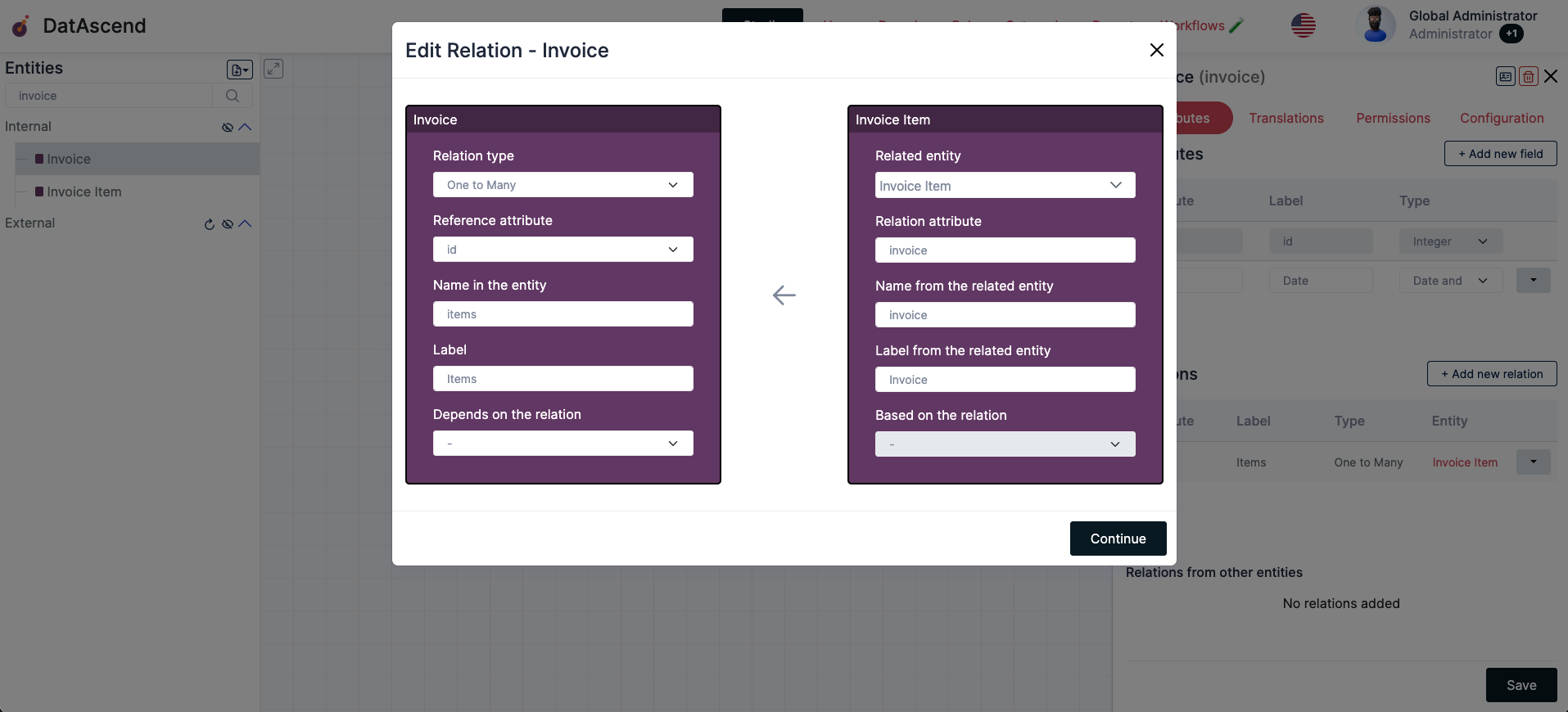 Studio image with the edit relation modal with values assigned