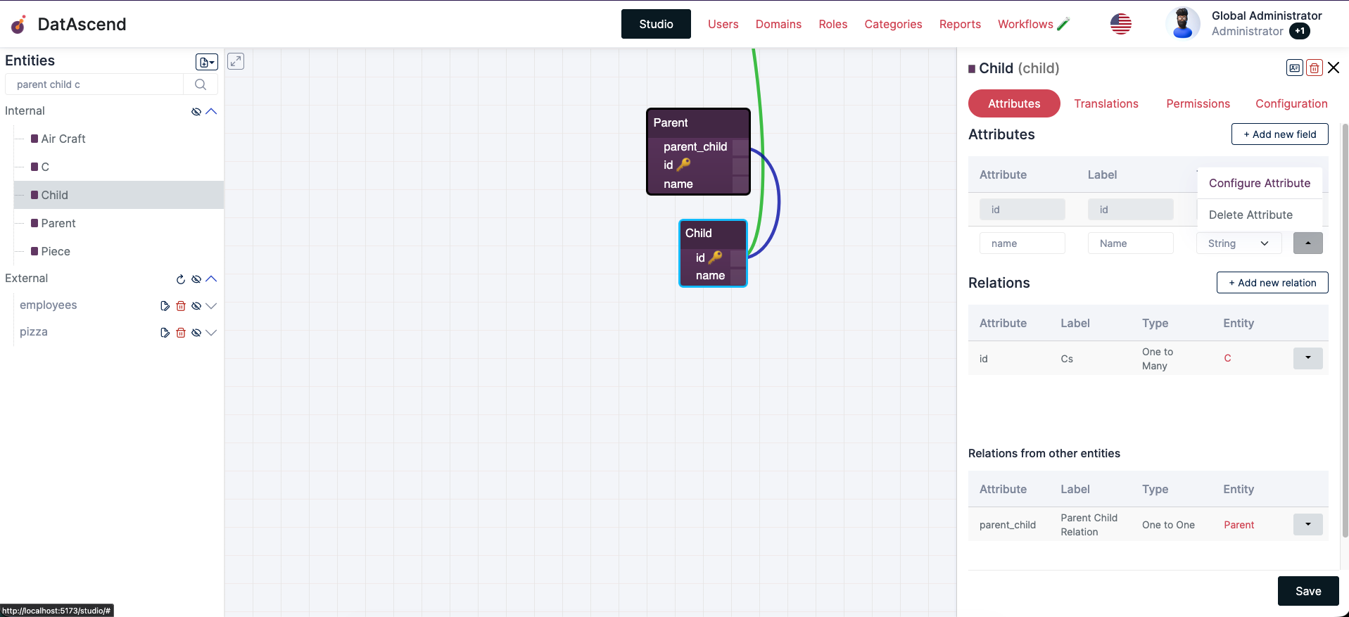 Studio image with the details drawer, clicking the dropdown button on an attribute to see actions on it