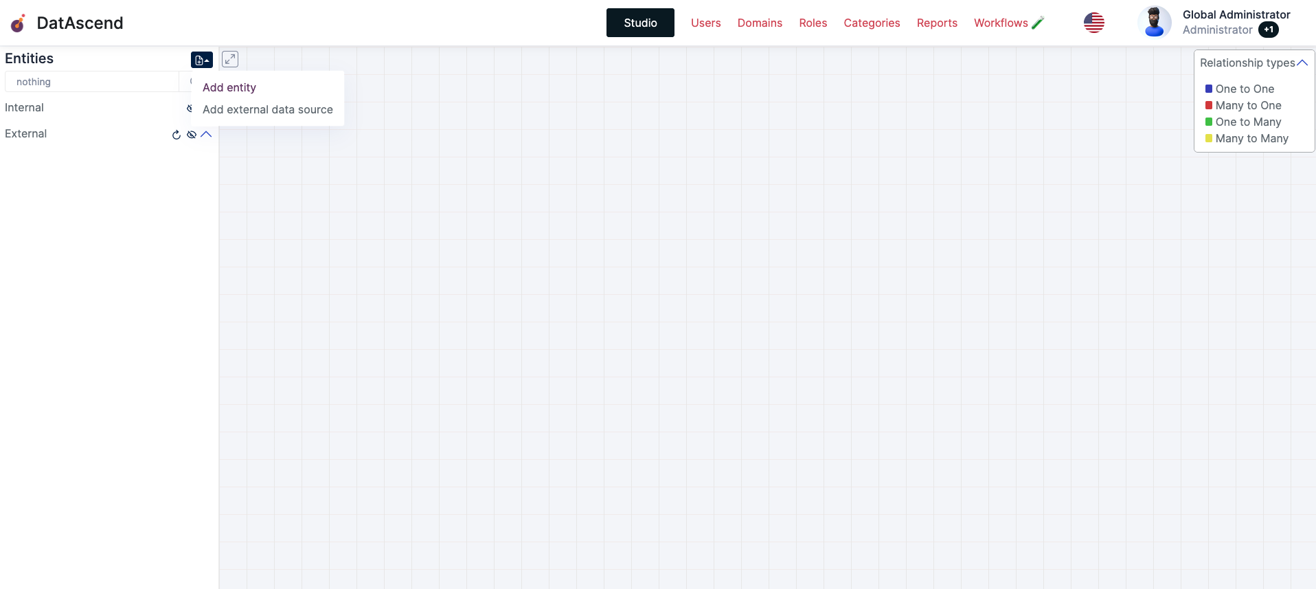 Studio image with the create new entity dropdown expanded
