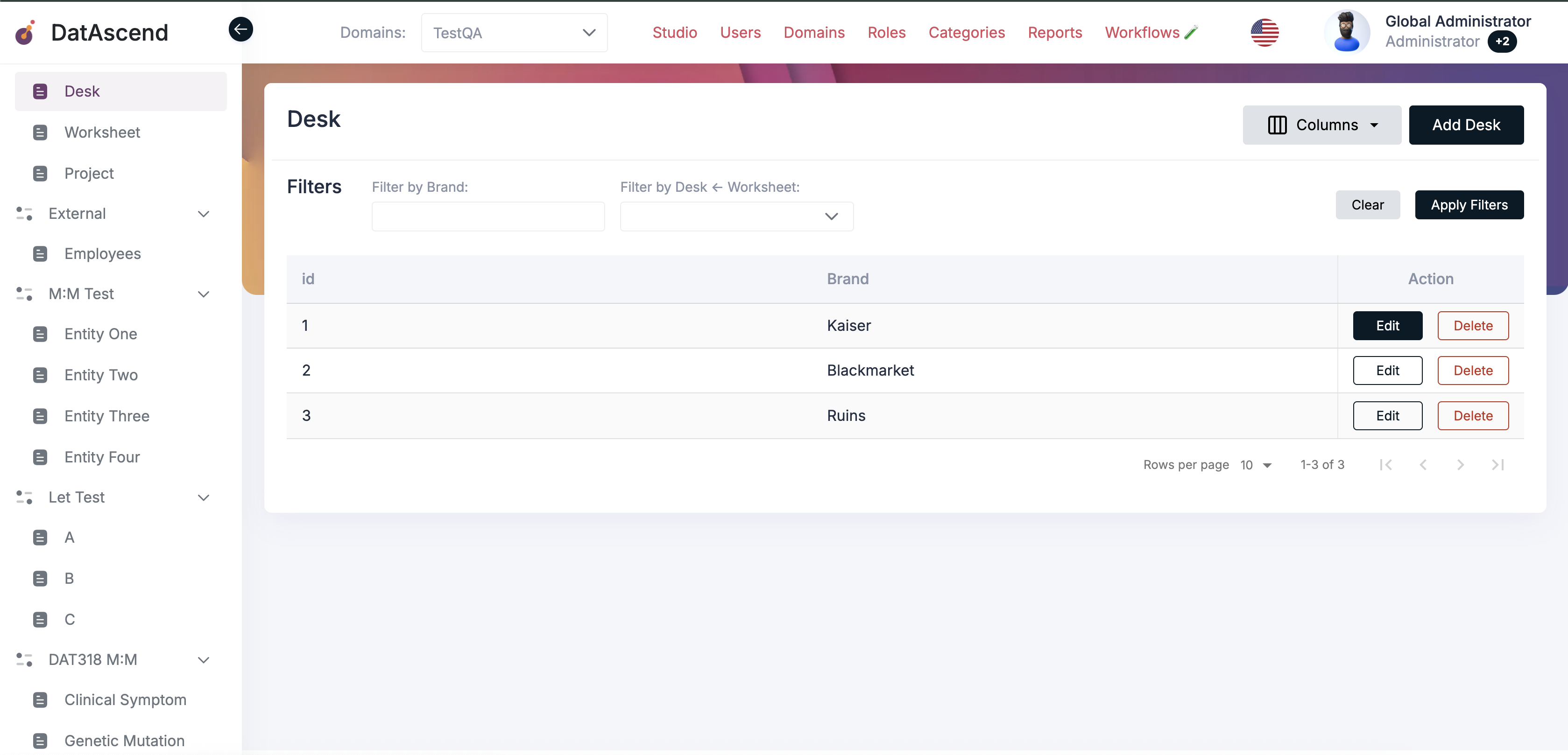Entity table view with filters, column visibility, and actions