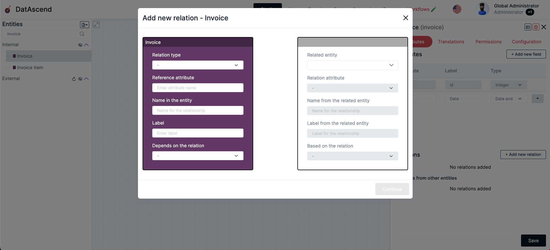 Studio image with the add relations modal visible