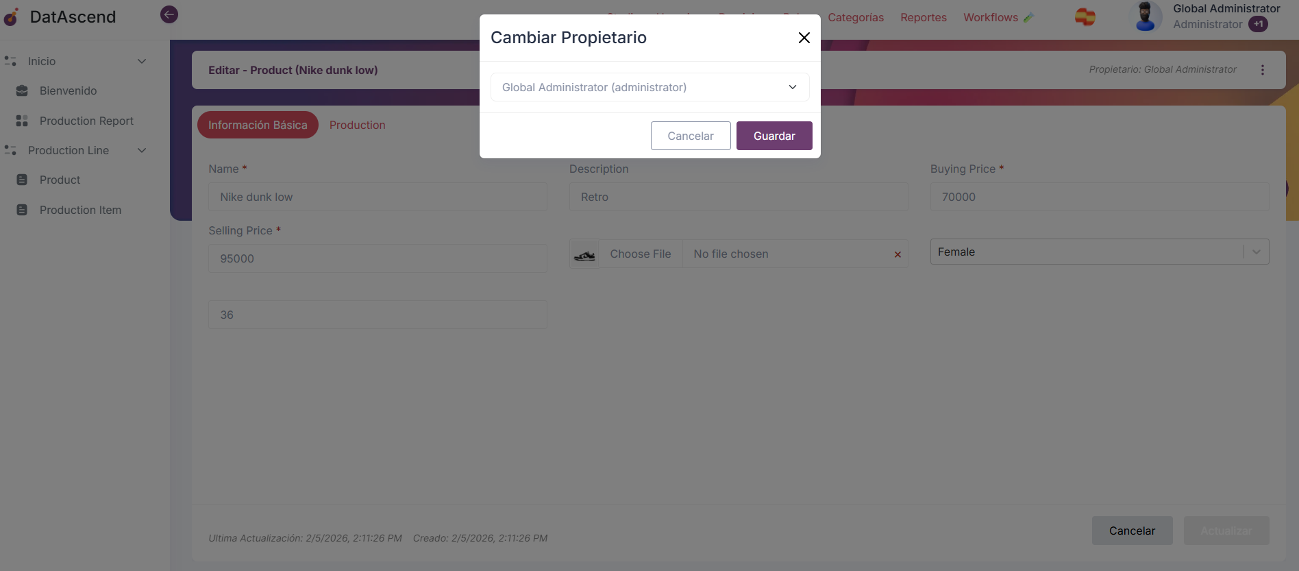 Modal de cambio de propietario con lista desplegable de selección de usuario