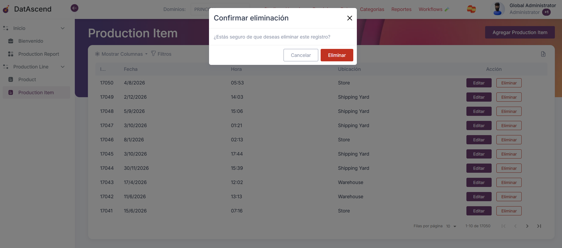 Modal de confirmación de eliminación para un registro de entidad