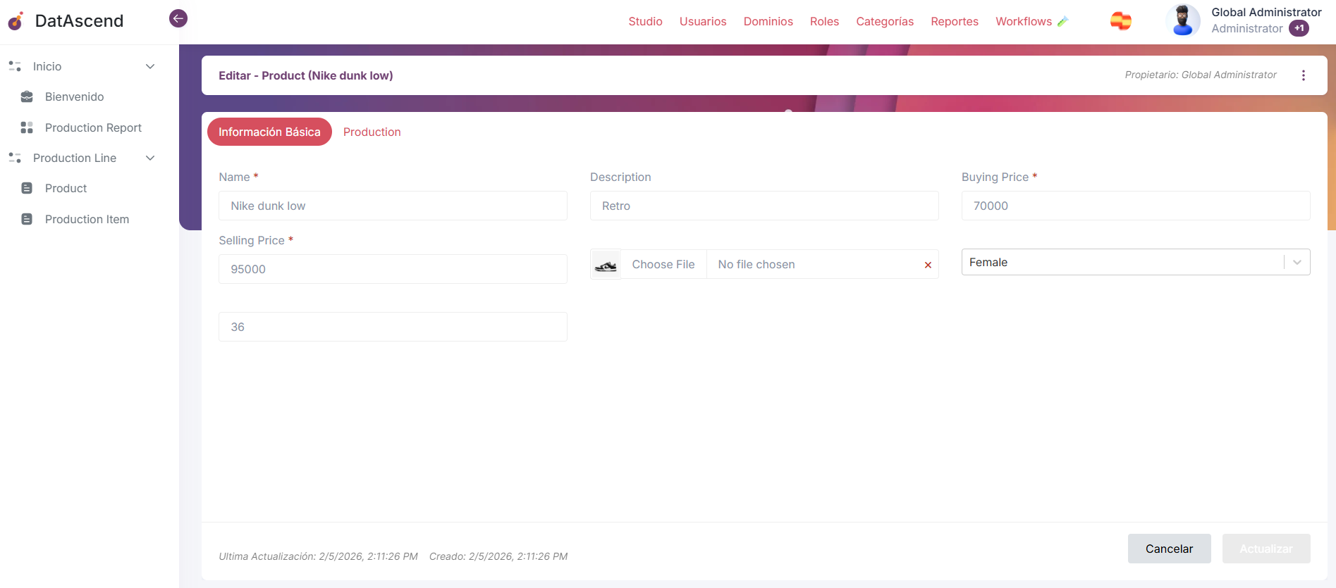 Editando un registro en el editor de entidad