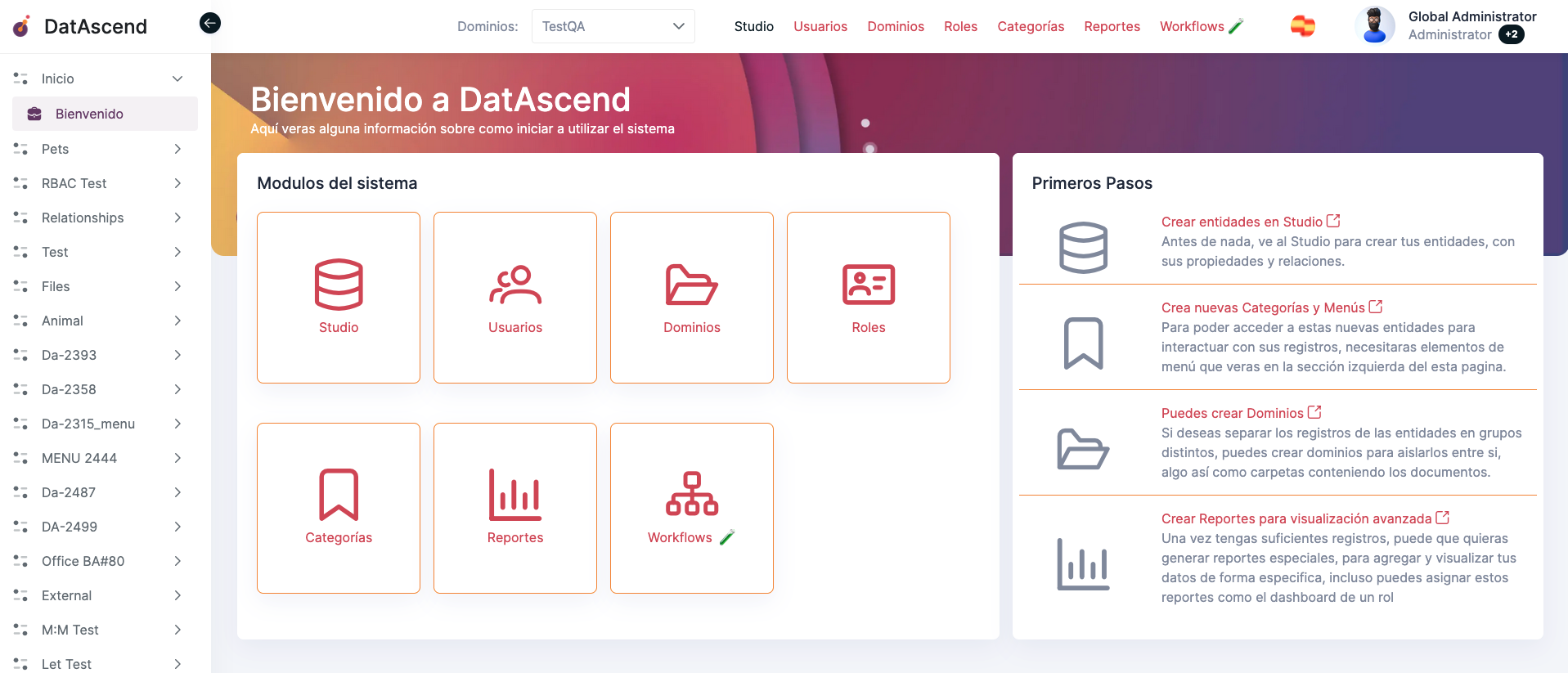 Imagen del Dashboard con el ítem de navegación Studio del encabezado resaltado