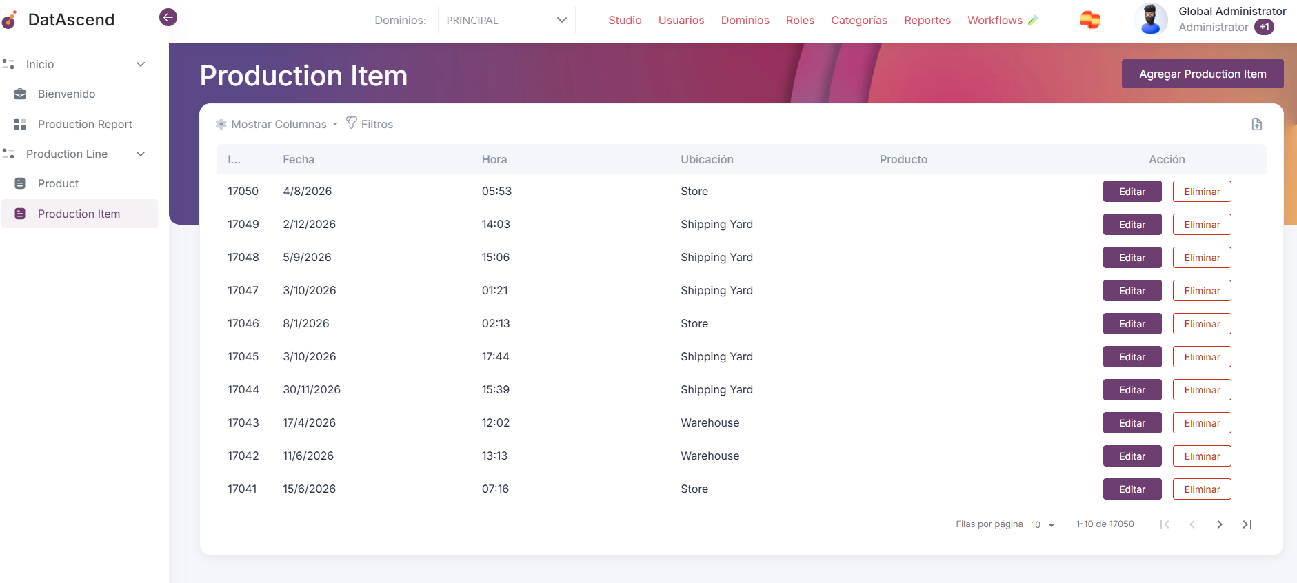Vista de tabla de entidad con filtros, visibilidad de columnas y acciones