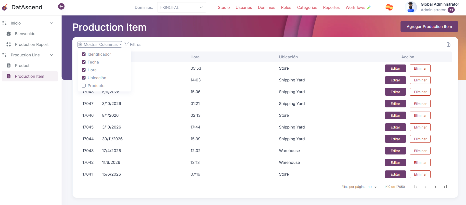 Seleccionando columnas visibles para la tabla de entidad