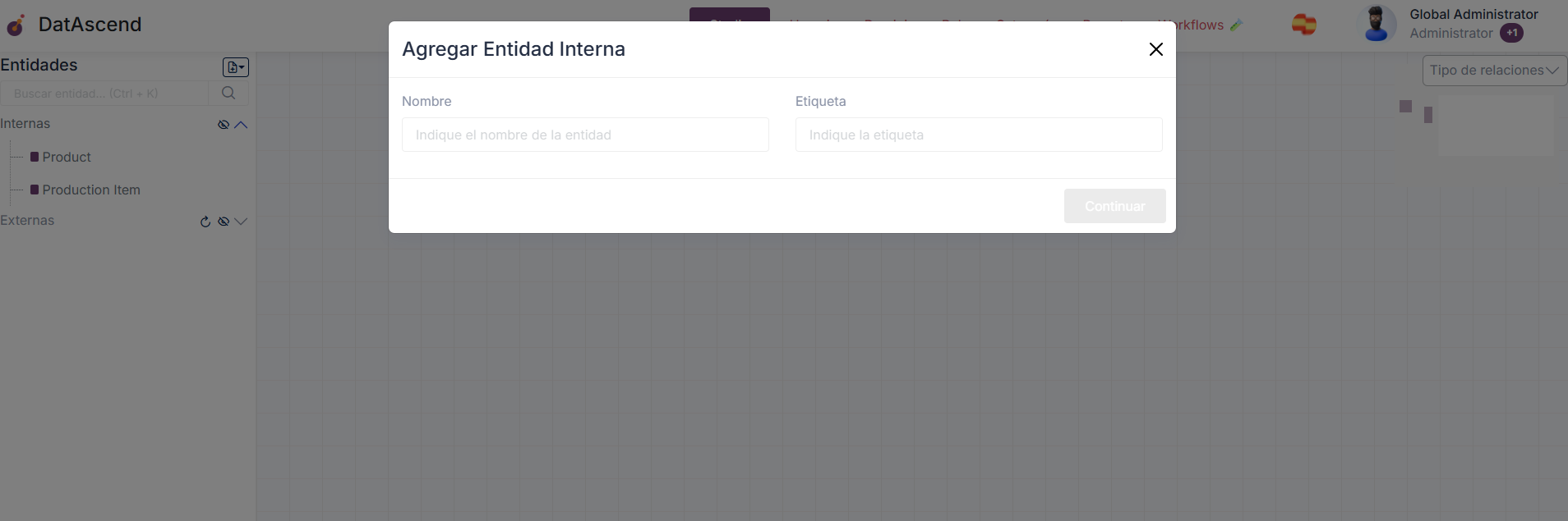 Imagen del Studio con el modal 'crear nueva entidad' visible, mostrando los campos de nombre y etiqueta