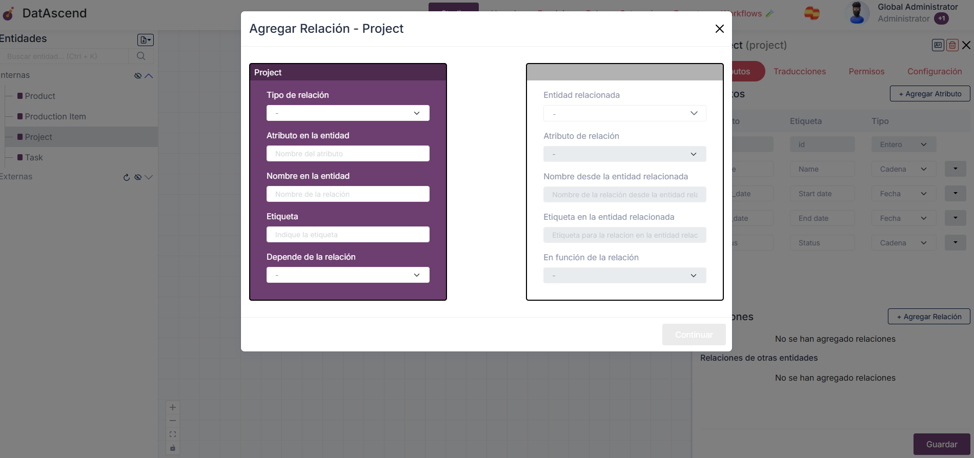 Imagen del Studio con el modal de añadir relaciones visible