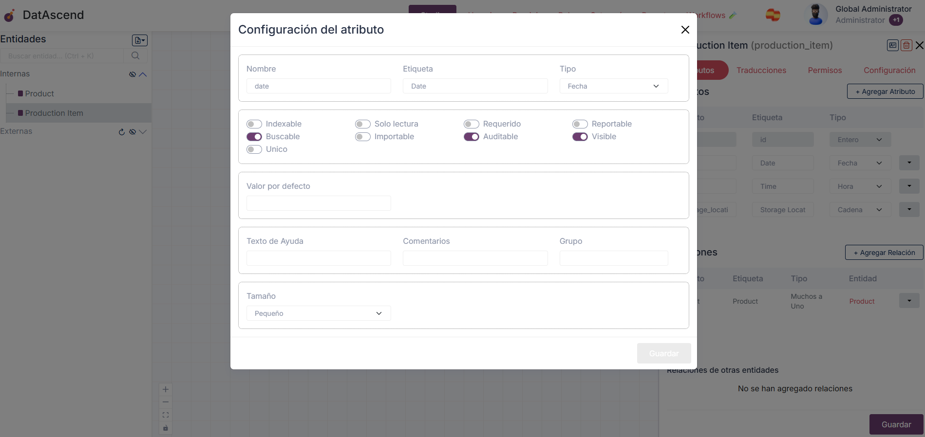 Imagen del Studio con el modal 'configurar atributo' abierto, mostrando todas las opciones disponibles