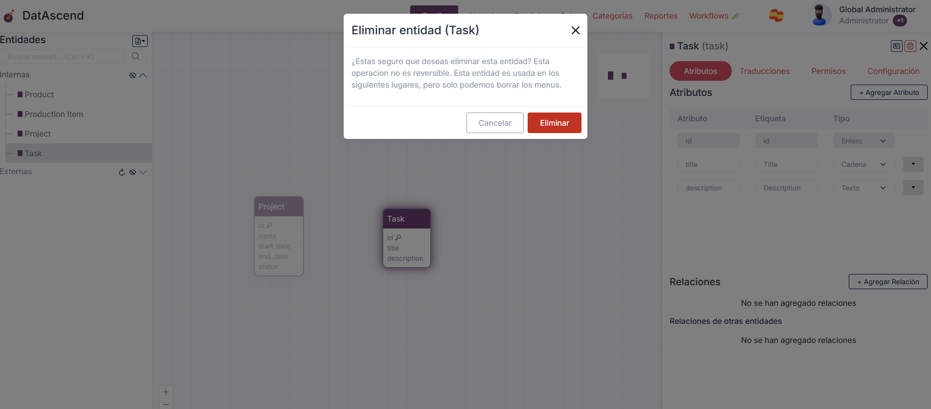 Modal de confirmación de eliminación de entidad
