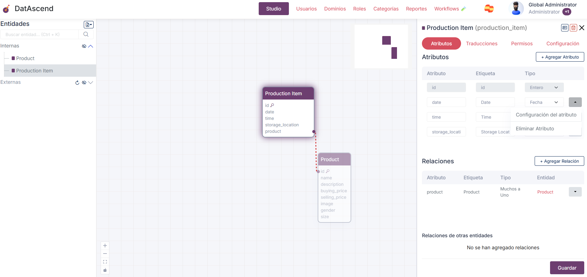 Imagen del Studio con el panel (drawer) de detalles, haciendo clic en el botón desplegable de un atributo para ver acciones sobre él