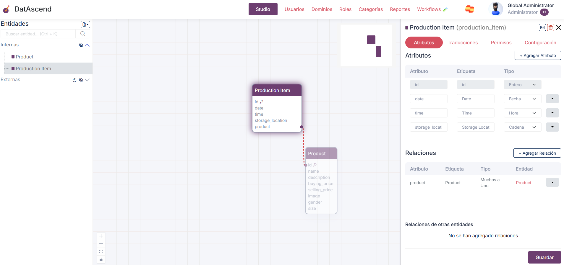 Imagen del Studio con dos entidades relacionadas, mostrando el panel (drawer) de detalles en la pestaña de atributos, con los atributos y relaciones visibles