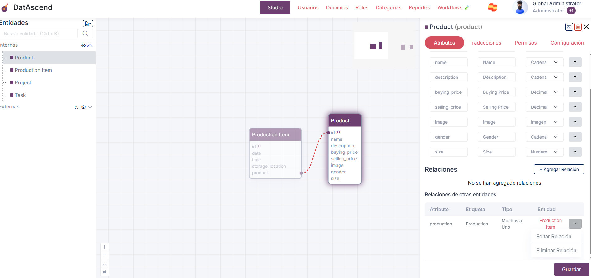Imagen del Studio con el panel de detalles resaltando la acción Editar Relación