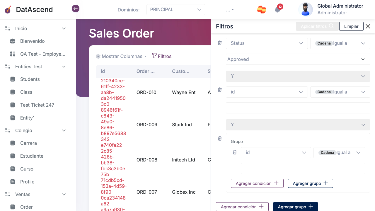 Panel de filtros mostrando múltiples condiciones y un grupo de condiciones anidado