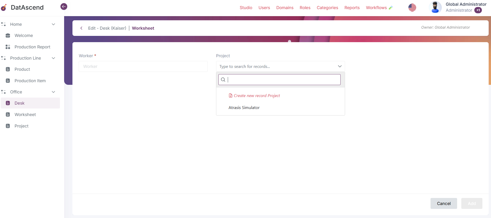 Create new Project option highlighted in relationship dropdown
