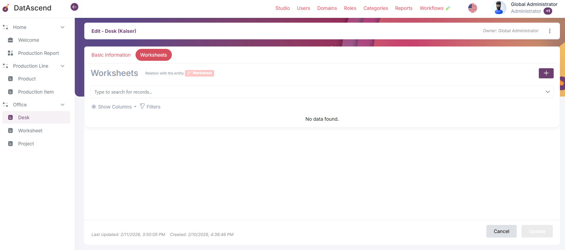 Empty relationship tab showing 'No data found'