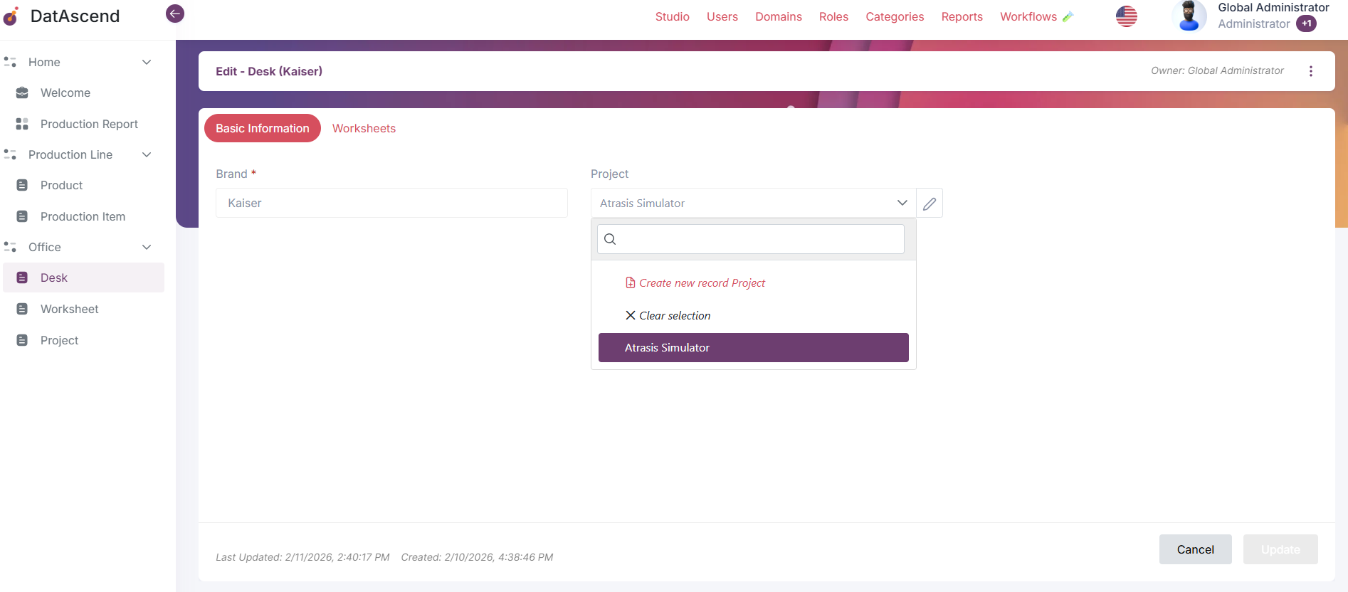Dropdown showing existing Projects available to link