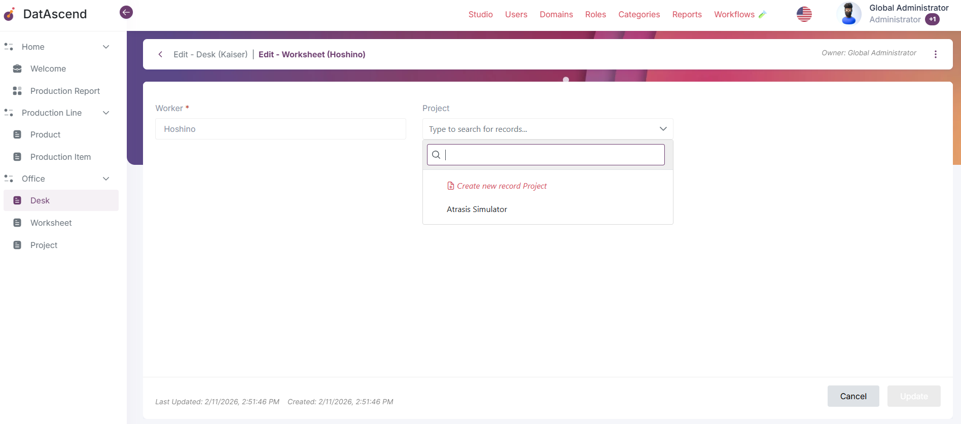 Selecting Desk in Worksheet many-to-one relation