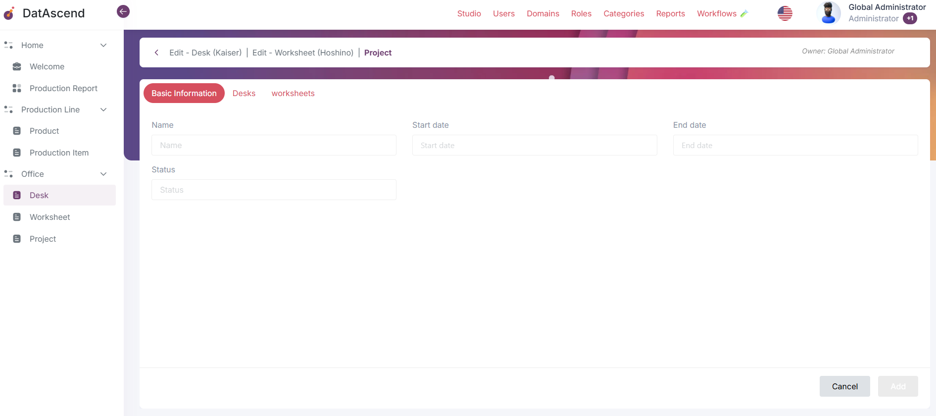 Multi-level breadcrumb: Edit - Desk (Kaiser) | Edit - Worksheet (Hoshino) | Project