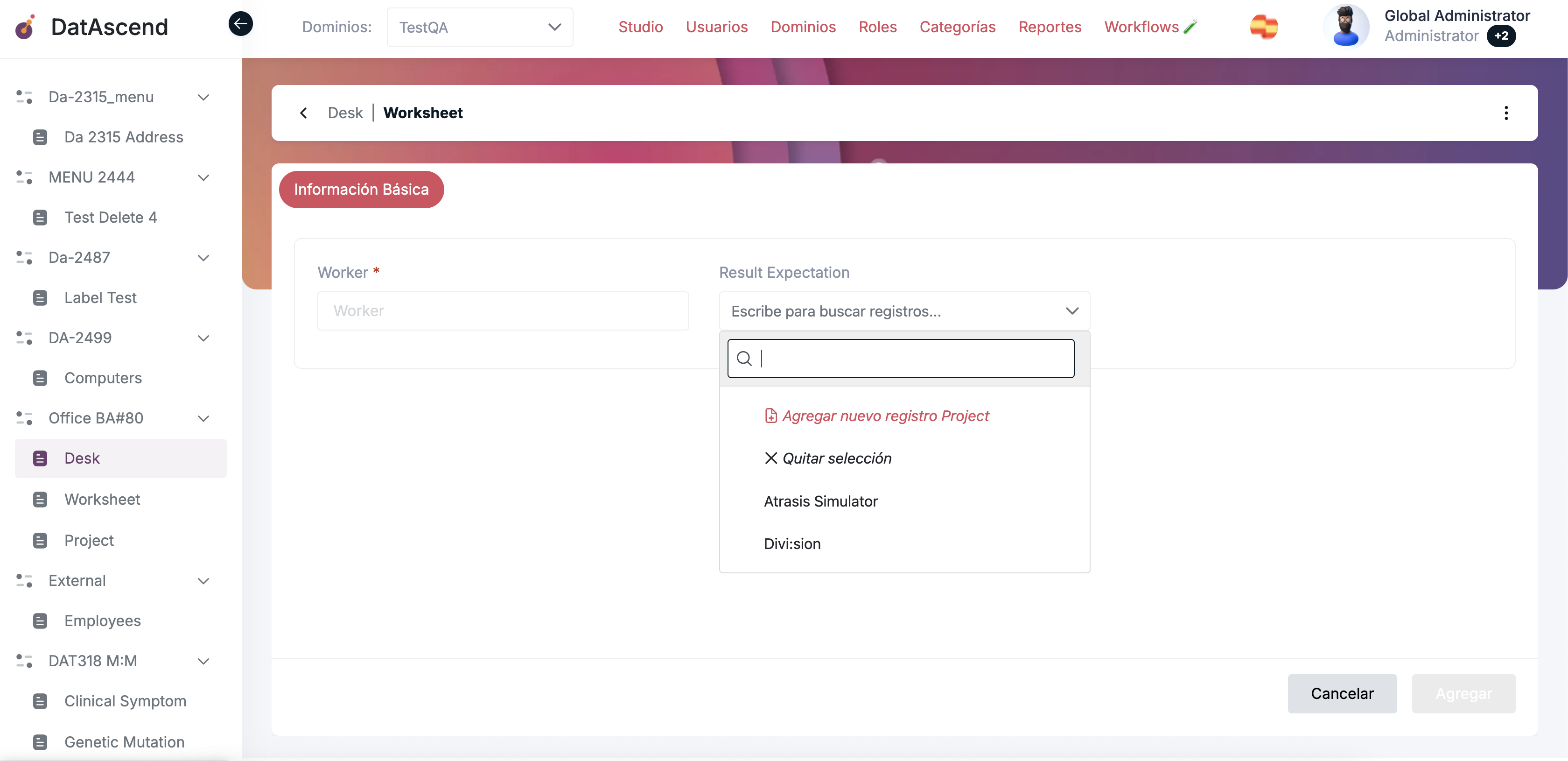 Opción 'Crear nuevo Project' resaltada en el desplegable de relación