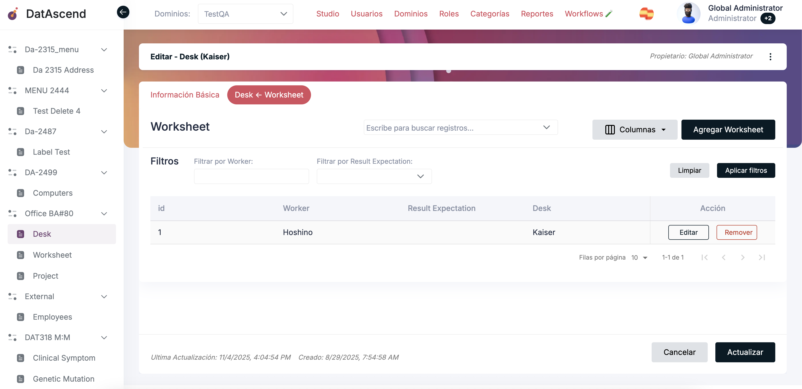 Editando un Worksheet desde un Desk con navegación de breadcrumb