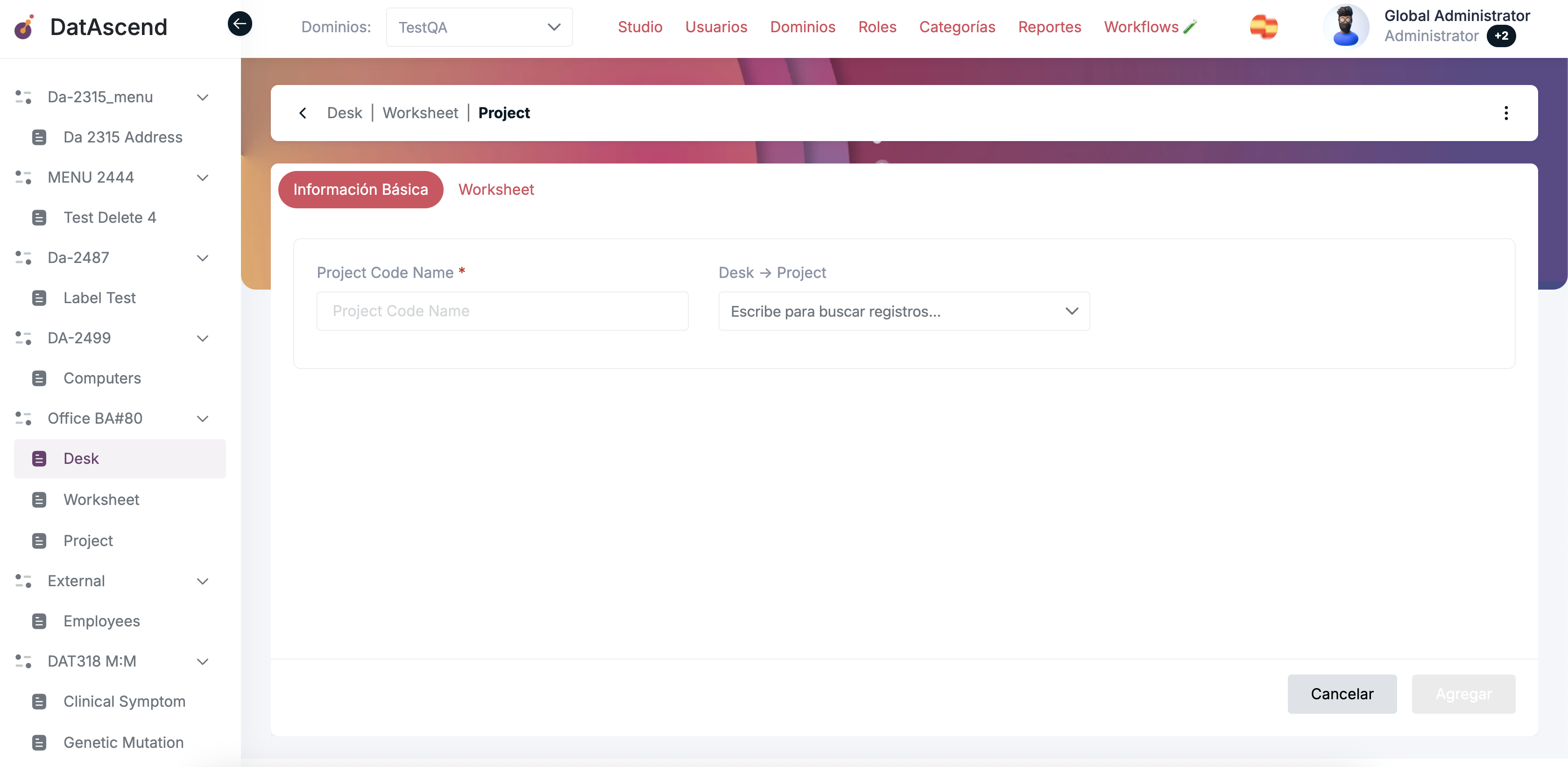 Breadcrumb multinivel: Editar - Desk (Kaiser) | Editar - Worksheet (Hoshino) | Project