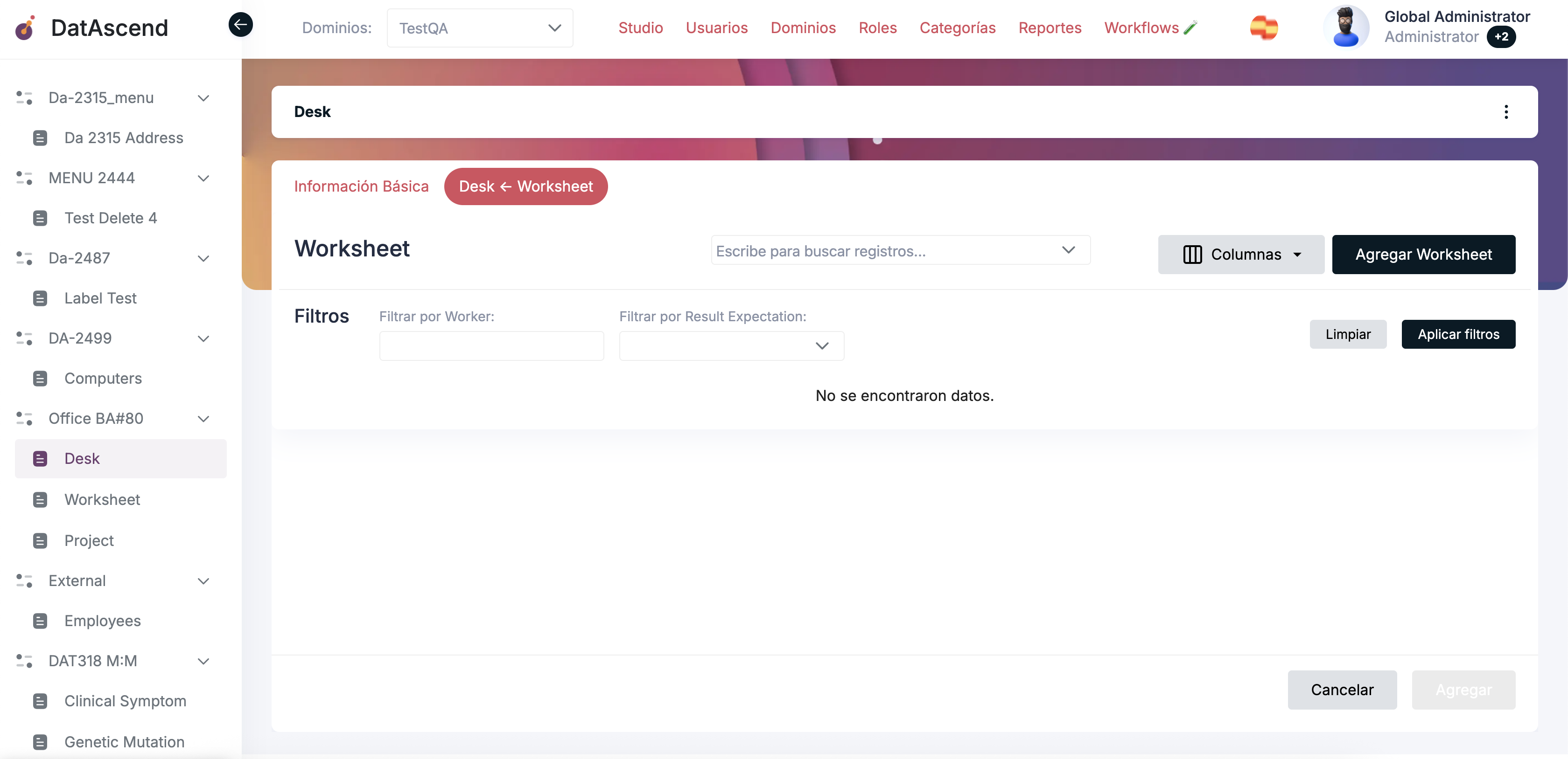 Pestaña de relación vacía mostrando 'No se encontraron datos'