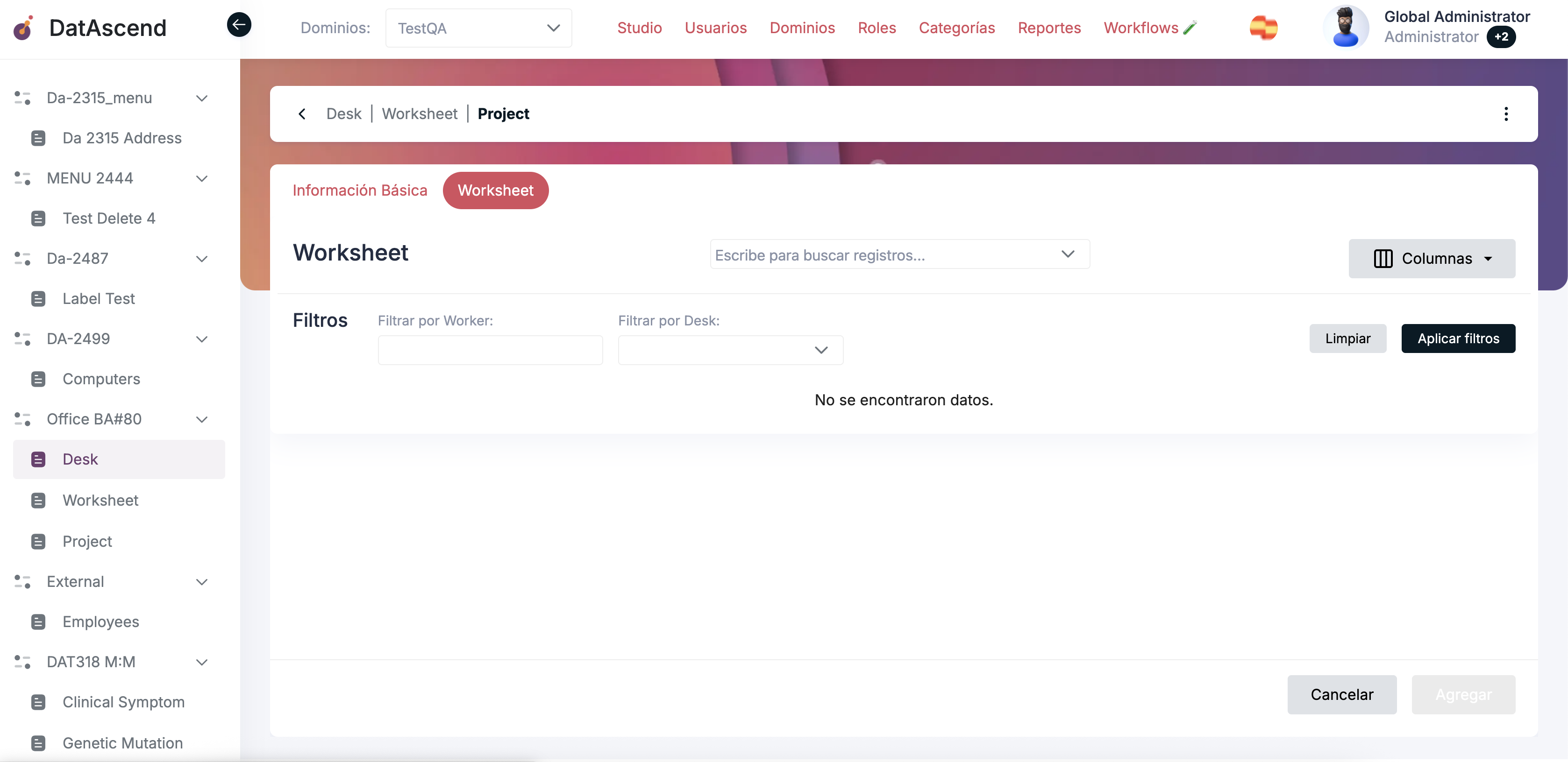 Sección de filtros en pestaña de relación con filtros de Worker y Result Expectation