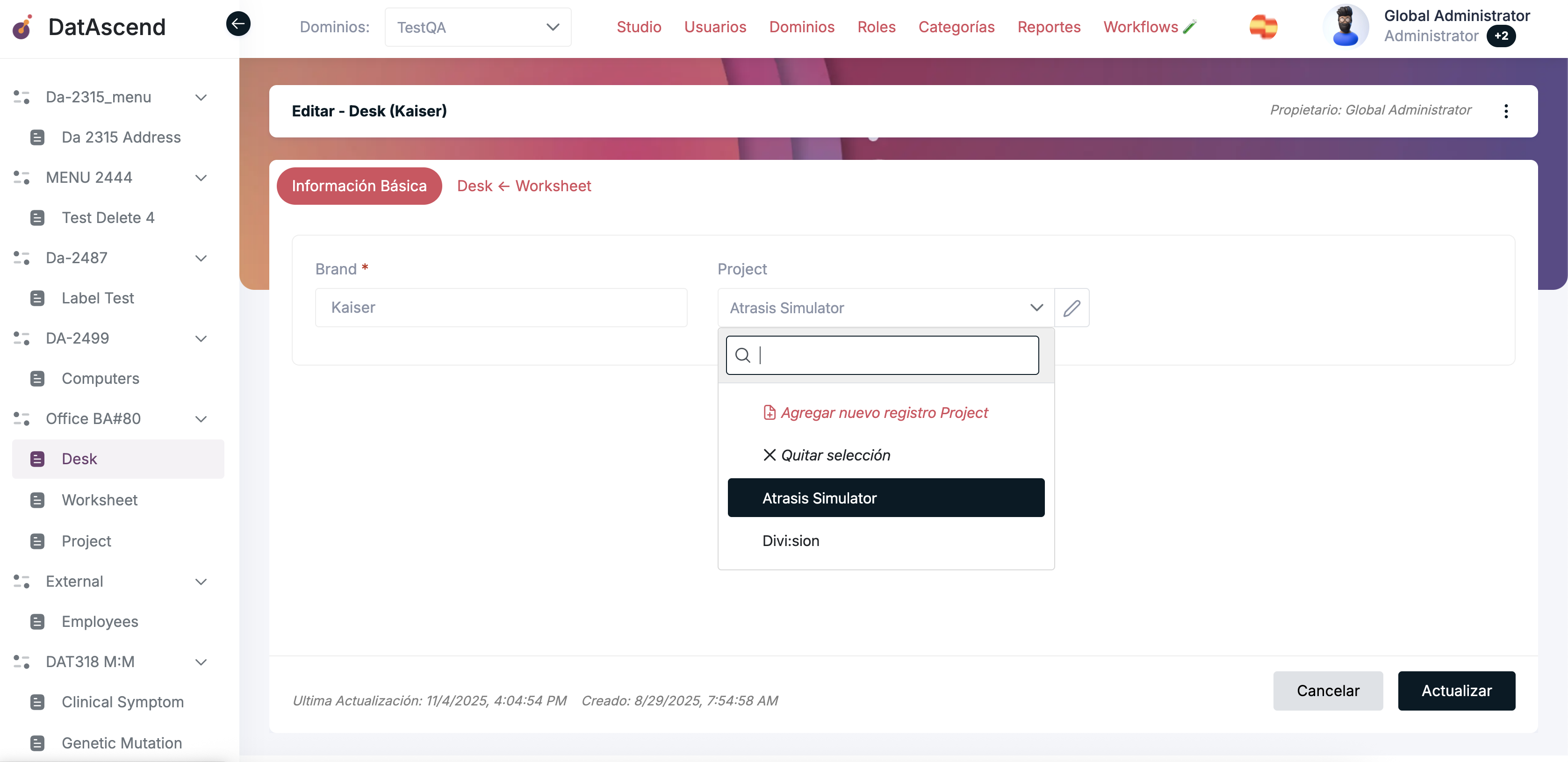 Menú desplegable mostrando Proyectos existentes disponibles para vincular