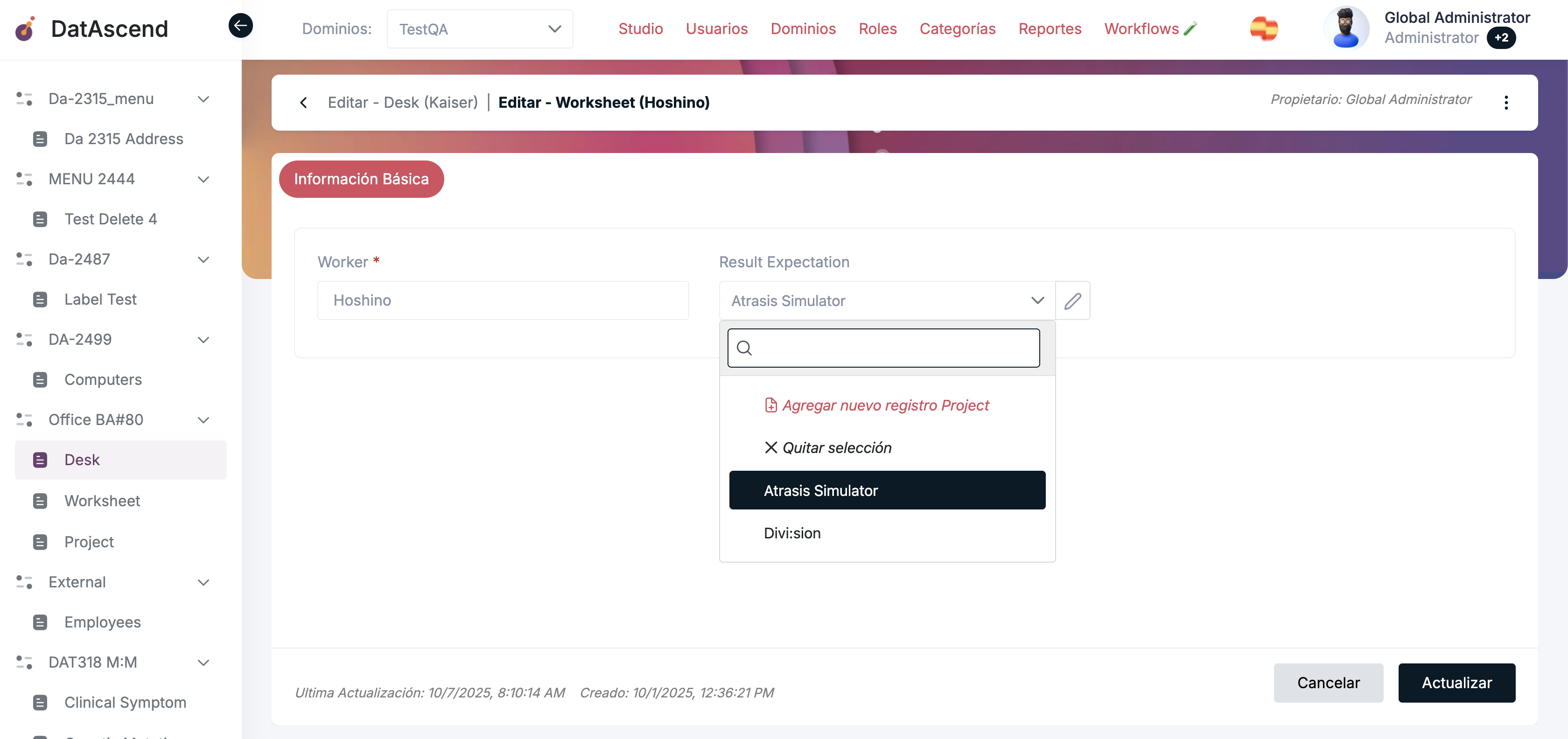 Seleccionando Desk en relación muchos-a-uno de Worksheet