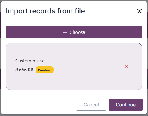 Import modal file selection