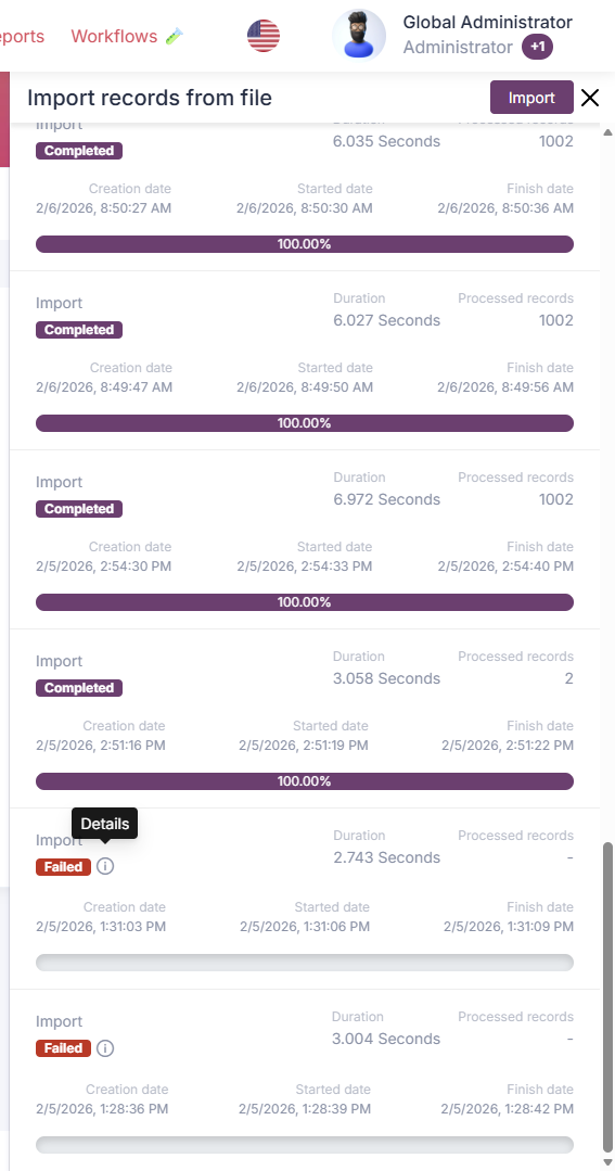 Import failed details